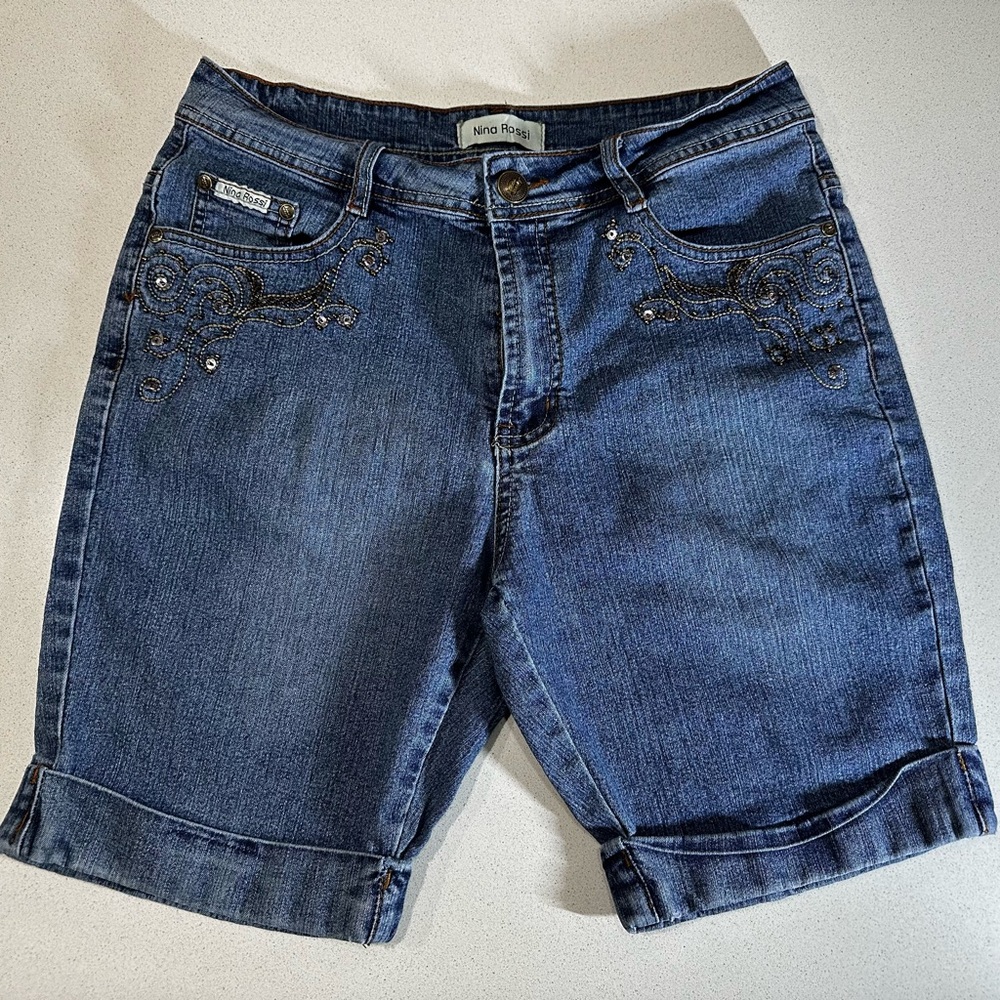 Nina Rossi Embroidered Dark Blue Jean Shorts size 12.